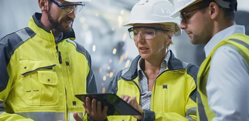Een groep mensen met helmen en jassen die naar een tablet kijken