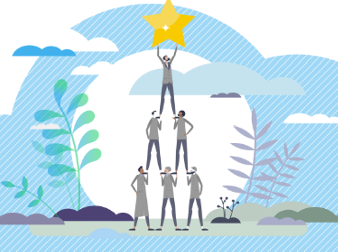 Een groep mensen die in een piramide staat en een ster vasthoudt