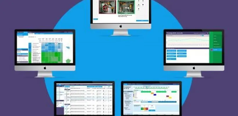Verschillende computers met een blauwe cirkel eromheen